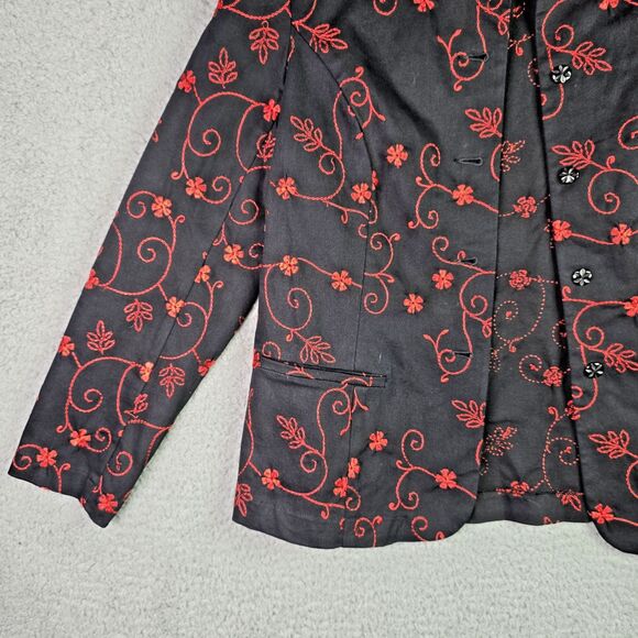 Christine Phillipe Womens Blazer 8 Black Red Floral Embroidered Cotton Pockets - Picture 8 of 15
